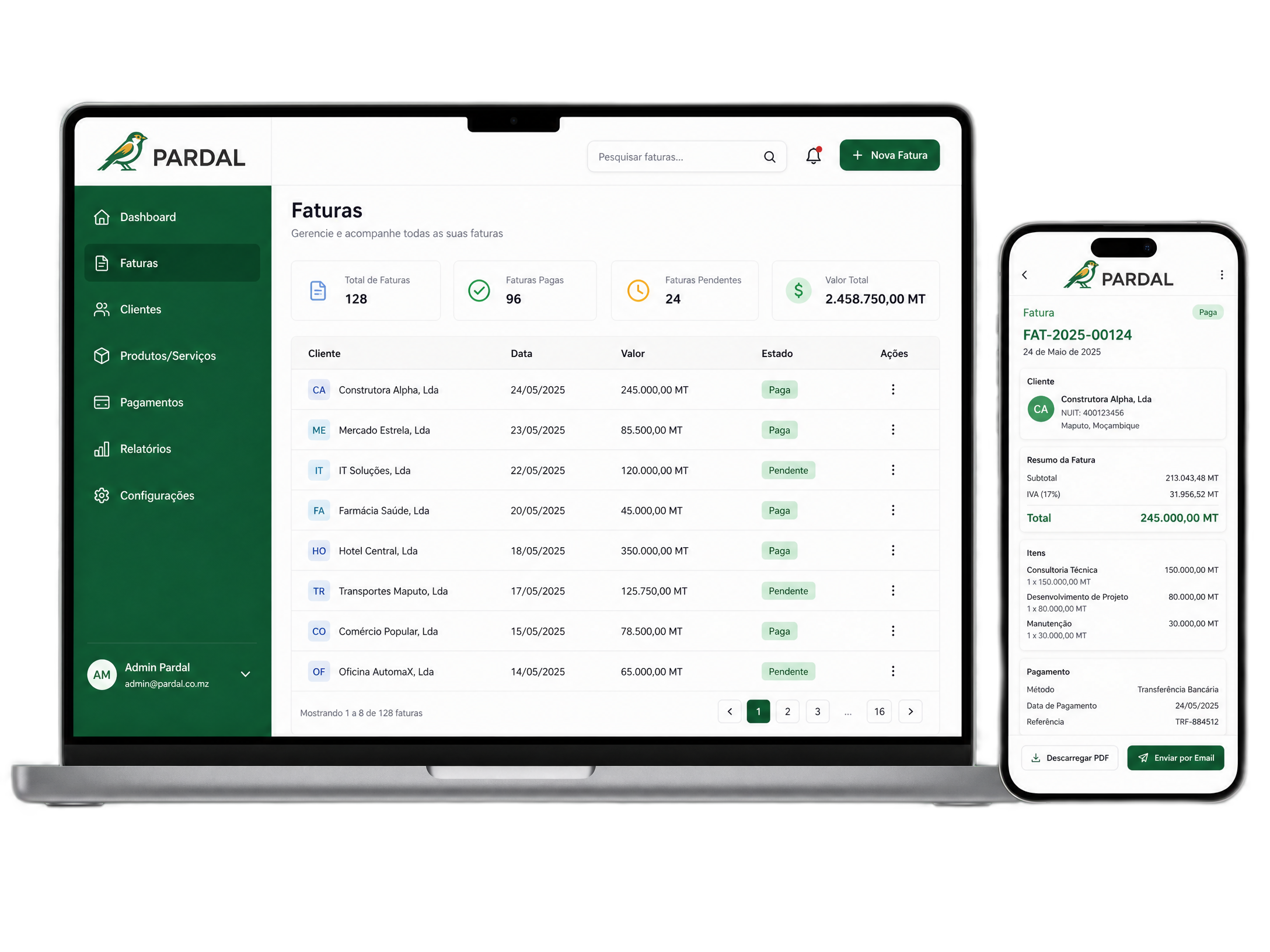 Dashboard Pardal em laptop e telemóvel